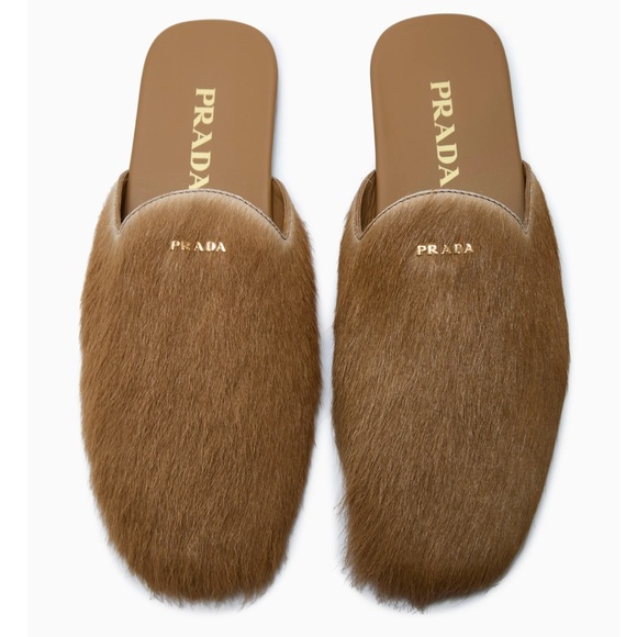 PRADA logo pony hair leather mules flats